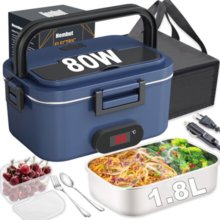Elektrický obědový box s displejem teploty, 80 W, elektrický obědový box, 1,8 l, elektrický obědový box 12 V/24 V/230 V, termokontejner do auta, nákladního auta, kanceláře (modrý)