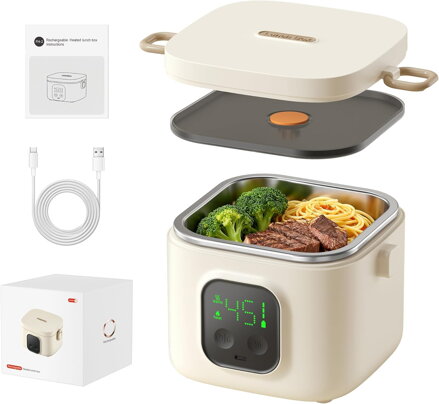 Elektrický obědový box, baterie 14000 mAh, bezdrátový vyhřívaný obědový box s časovačem a 5 teplotními úrovněmi, 800 ml I VVU&CCO