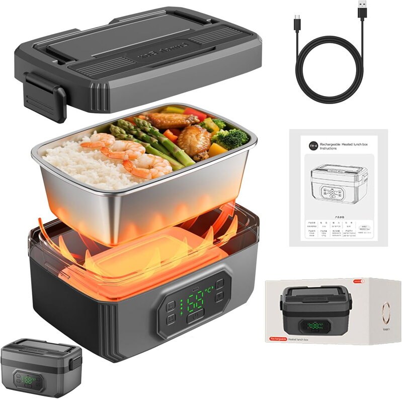 Ohřívací box na jídlo , dobíjecí s baterií 21000 mAh, vyjímatelná vnitřní nádoba z nerezové oceli o objemu 1,2 litru, nepropustný obědový box pro kancelář/cestování/piknik/kempování